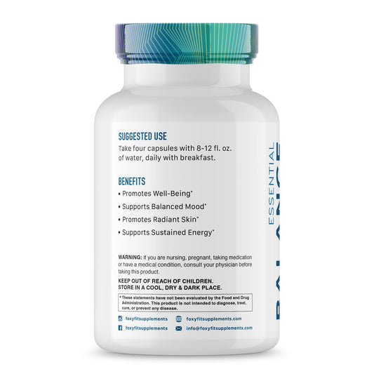 Close-up of FoxyFit Essential Balance capsules for daily vitality and energy.