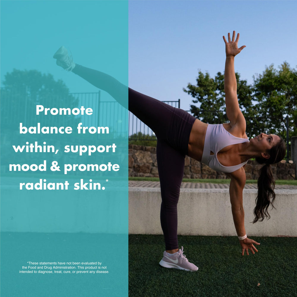 FoxyFit Essential Balance packaging showing key ingredients for overall wellness.