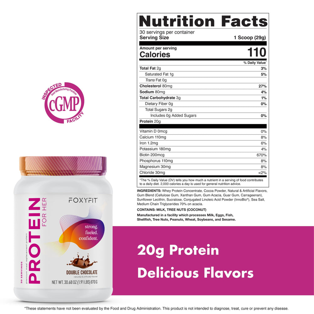 Container of FoxyFit Protein for Her with biotin and CLA info visible.