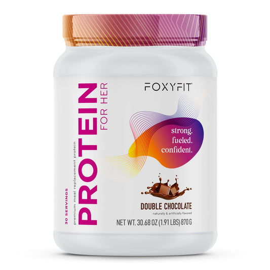 FoxyFit Protein for Her double chocolate tub shown for shakes and flavor.