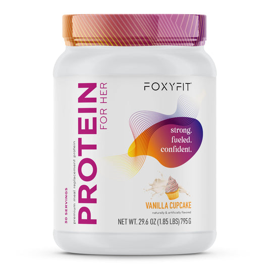 FoxyFit Protein for Her Vanilla Cupcake tub for post-workout protein boost