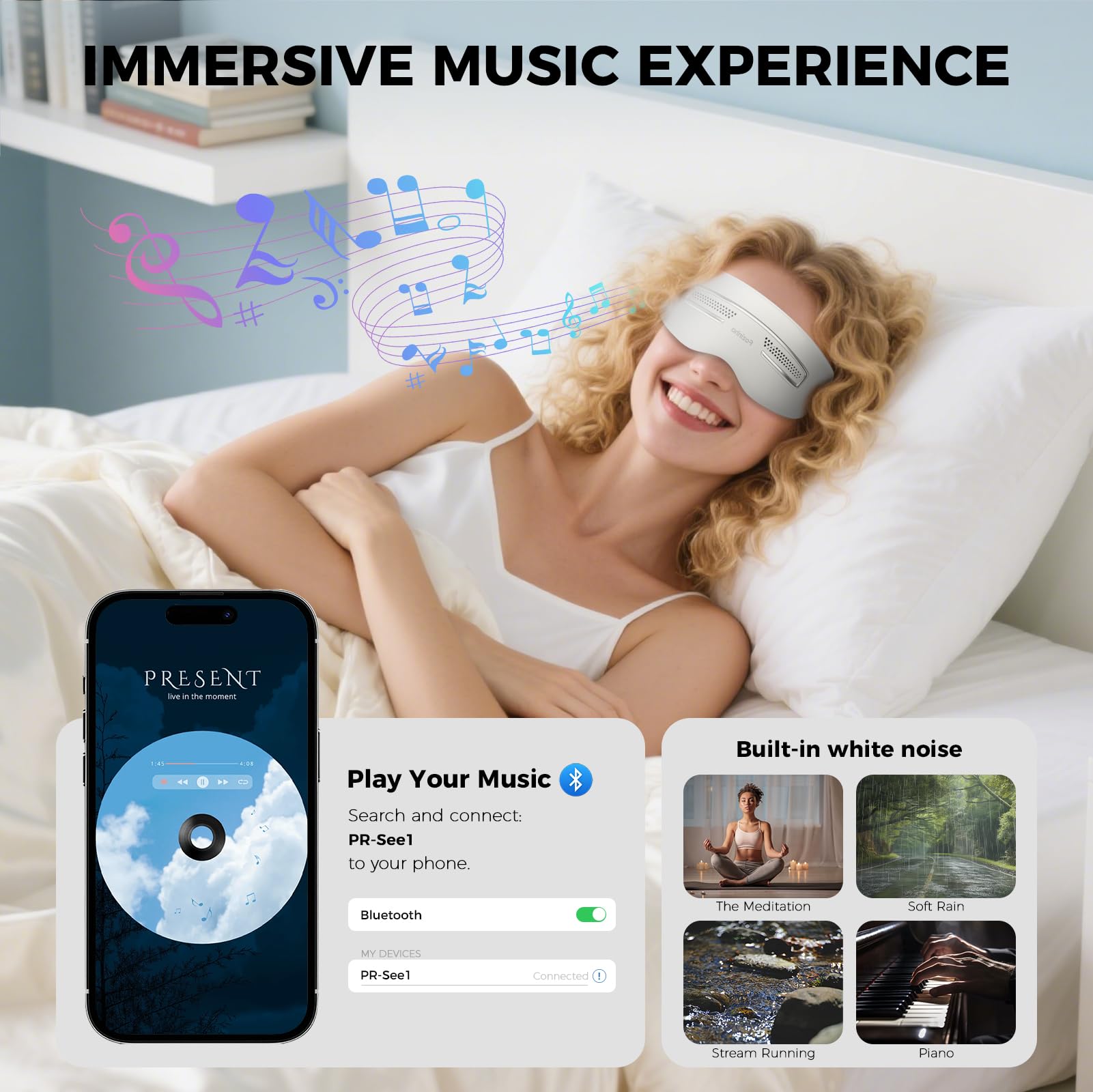 Fozinha eye massager with Bluetooth music for a relaxing ambient experience.