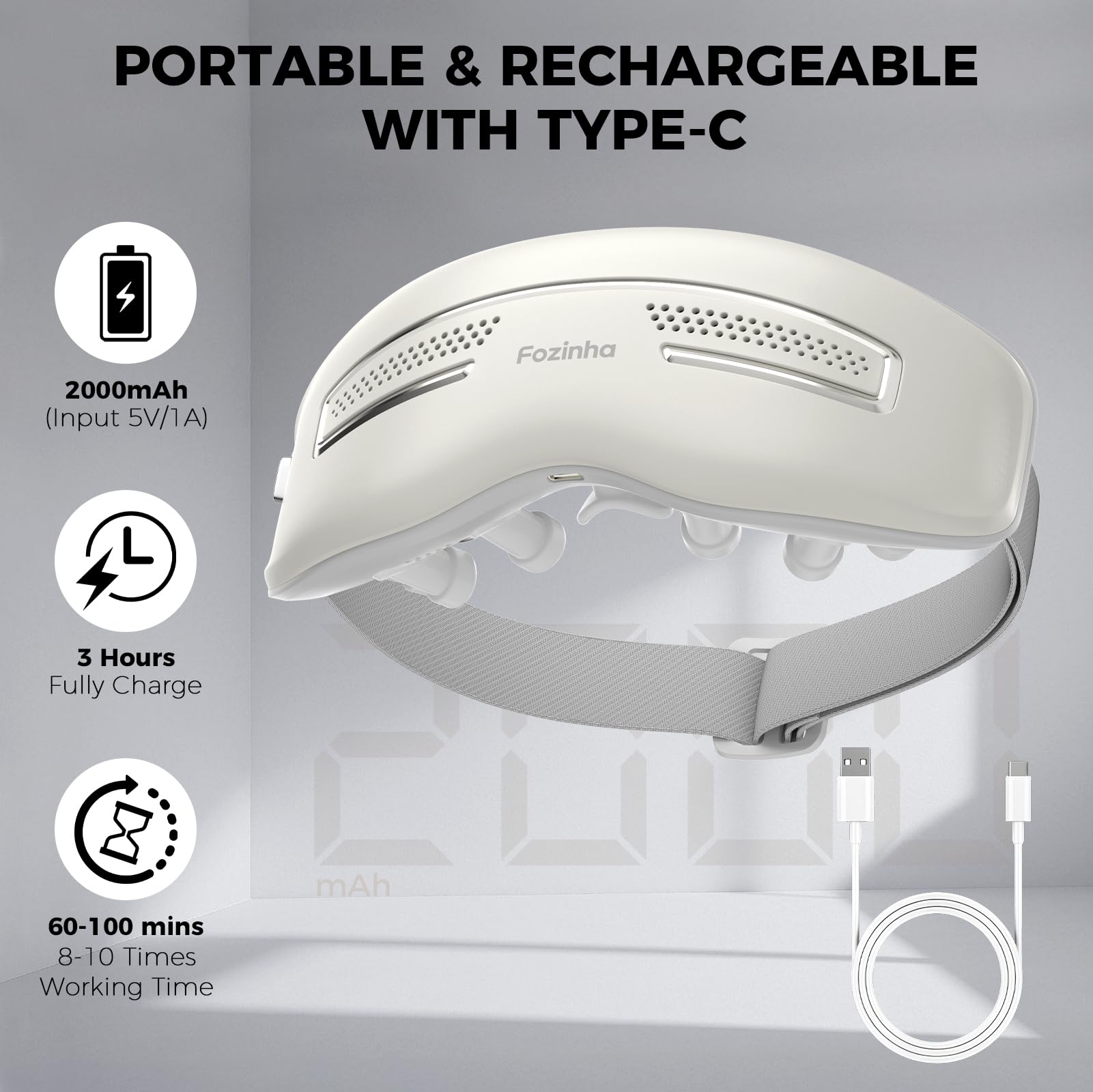 Fozinha eye massager fast-charging battery ensures quick setup and portability.