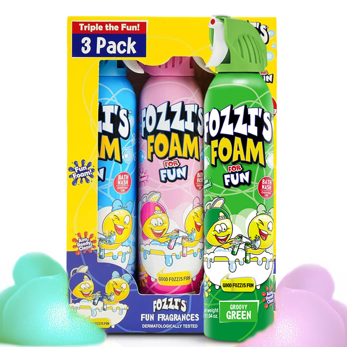 FOZZI'S Mixed Bath Foam 3-Pack spray bottle shows vibrant colors for kids' bath play.