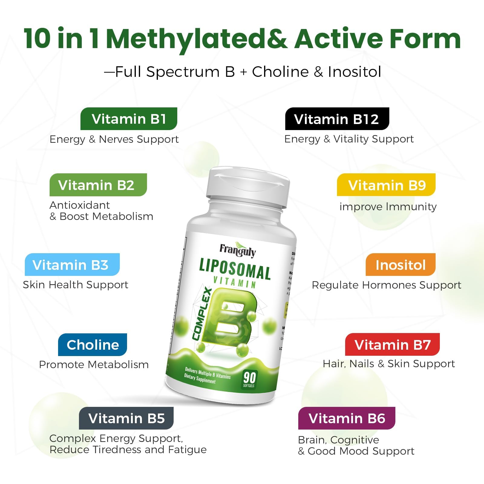 Franguly Liposomal B Complex dosage card indicating a 3-month supply.
