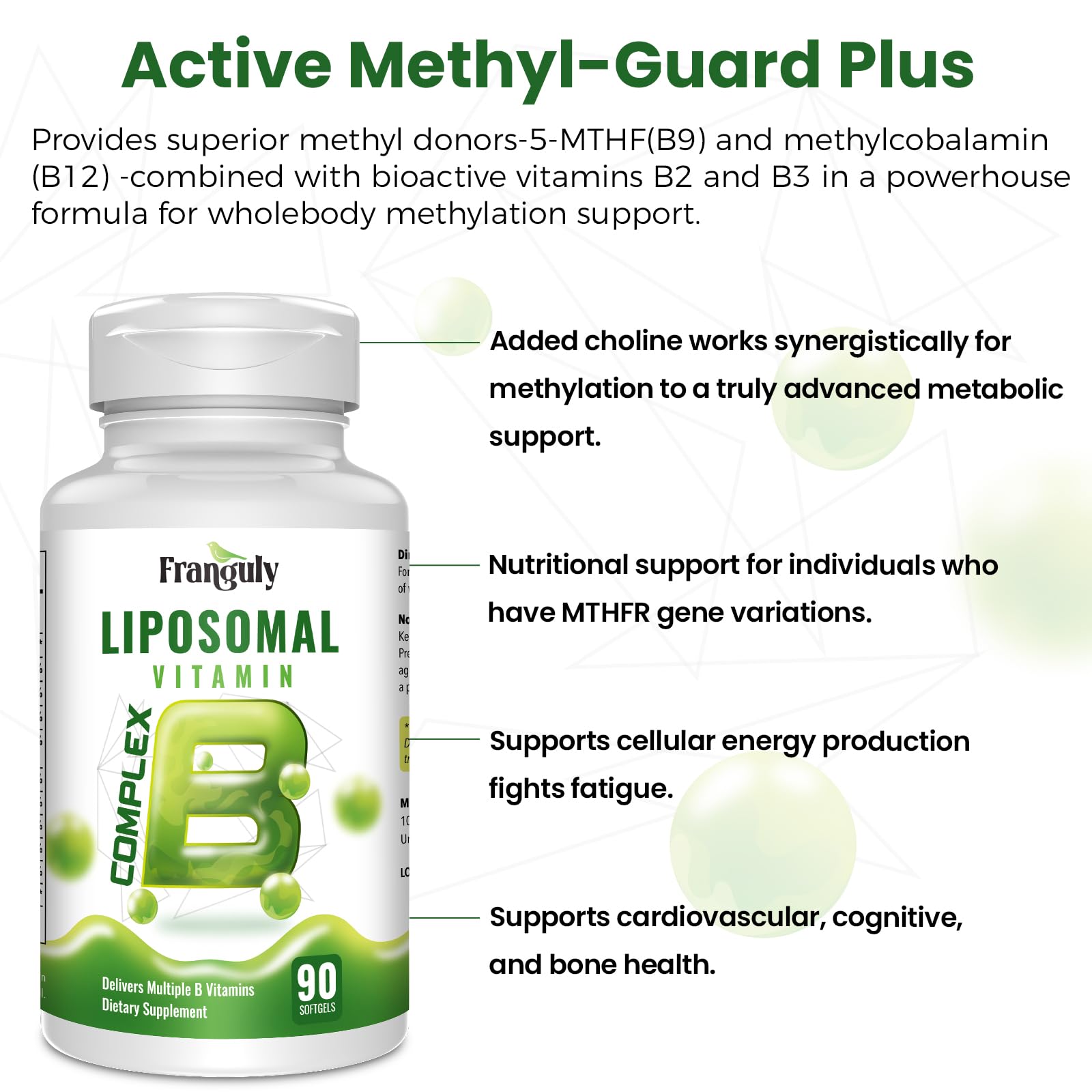 Franguly Liposomal B Complex label close-up showing vegan, non-GMO formula