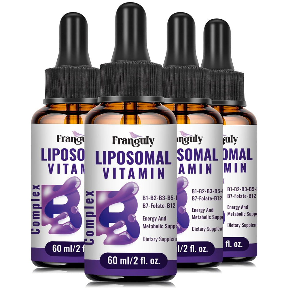 Franguly Liposomal B Complex liquid bottle front, energy and immune support suggested.