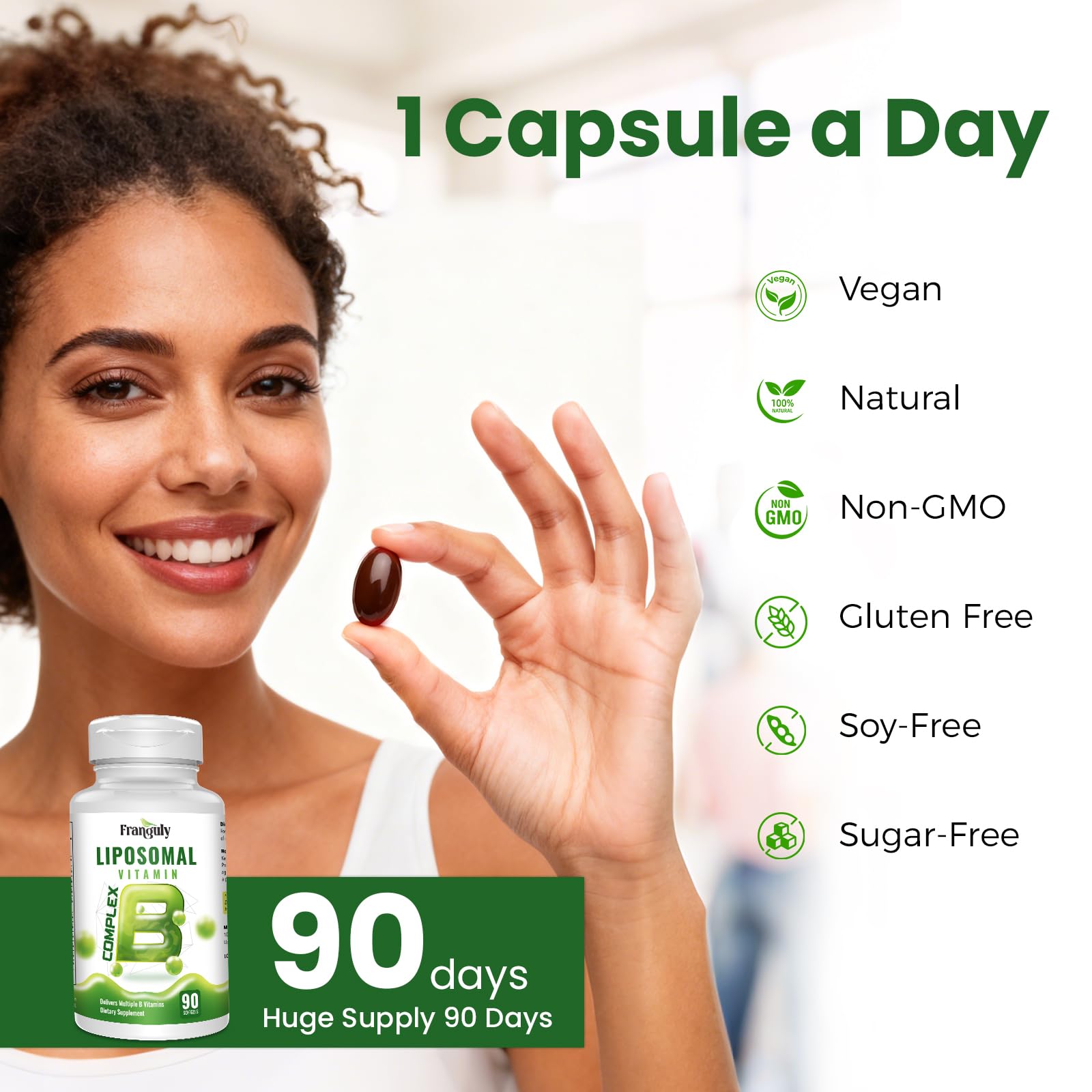 Franguly Liposomal B Complex vegan and non-GMO badges on packaging.