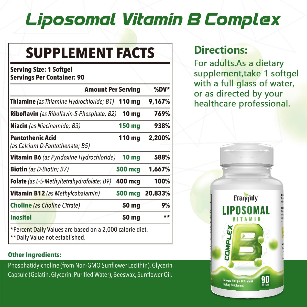 Franguly Liposomal B Complex three-month supply display with 90 softgels.