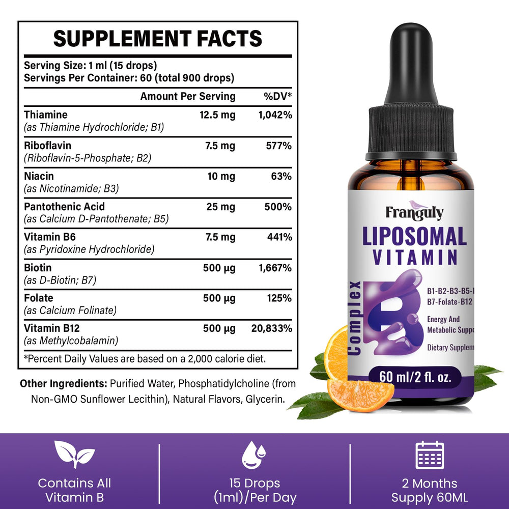 Franguly Liposomal B-Complex two-month supply shown in bottle and box.