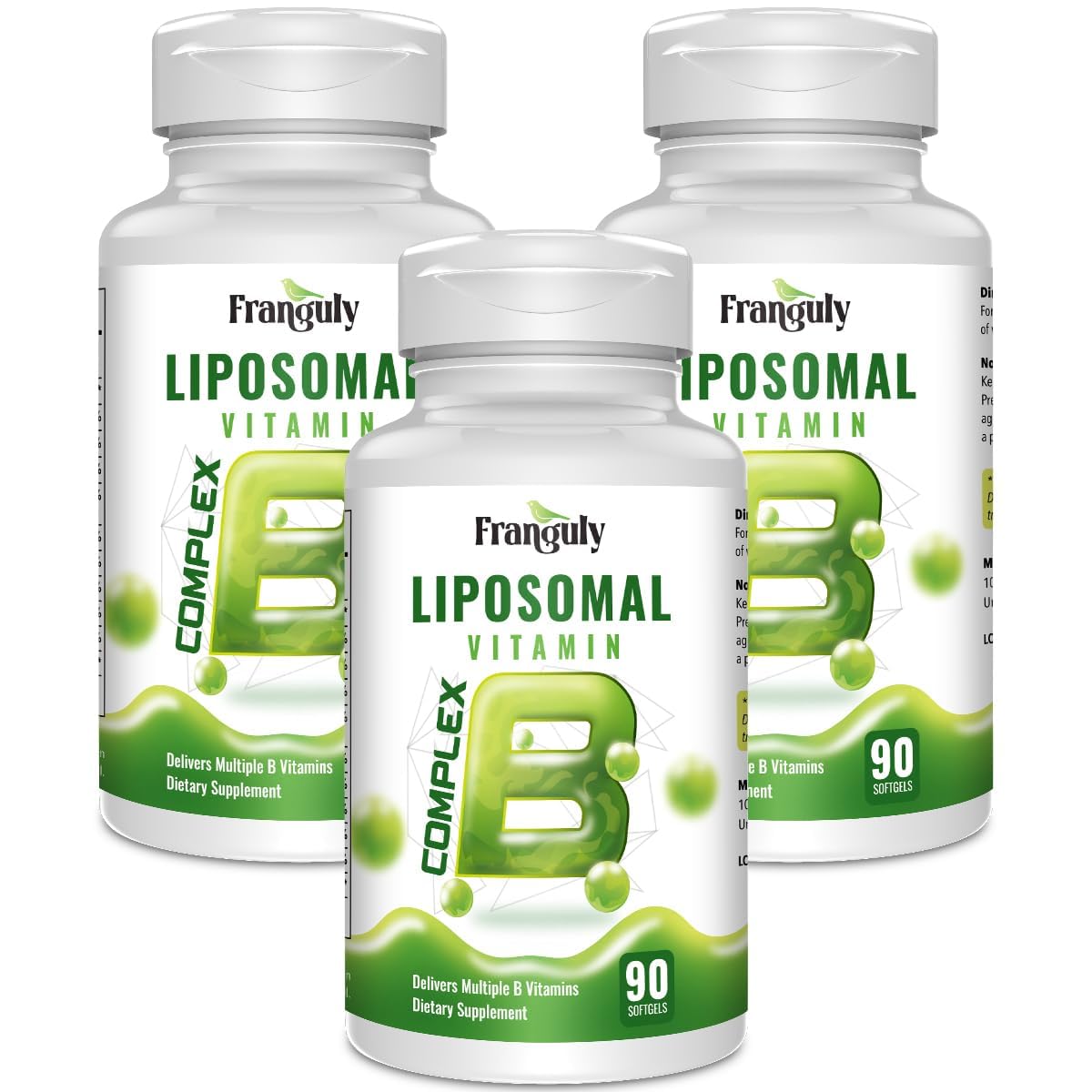 Franguly Liposomal B Complex bottle highlighting high-absorption vitamins for energy support.