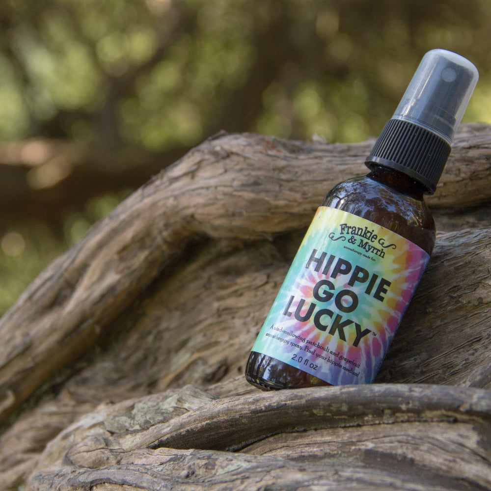 Frankie & Myrrh Hippie Go Lucky diffuser-ready spray for desk or car.