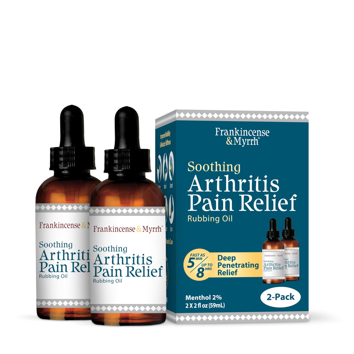 FRANKINCENSE & MYRRH arthritis rubbing oil bottle shows targeted relief.