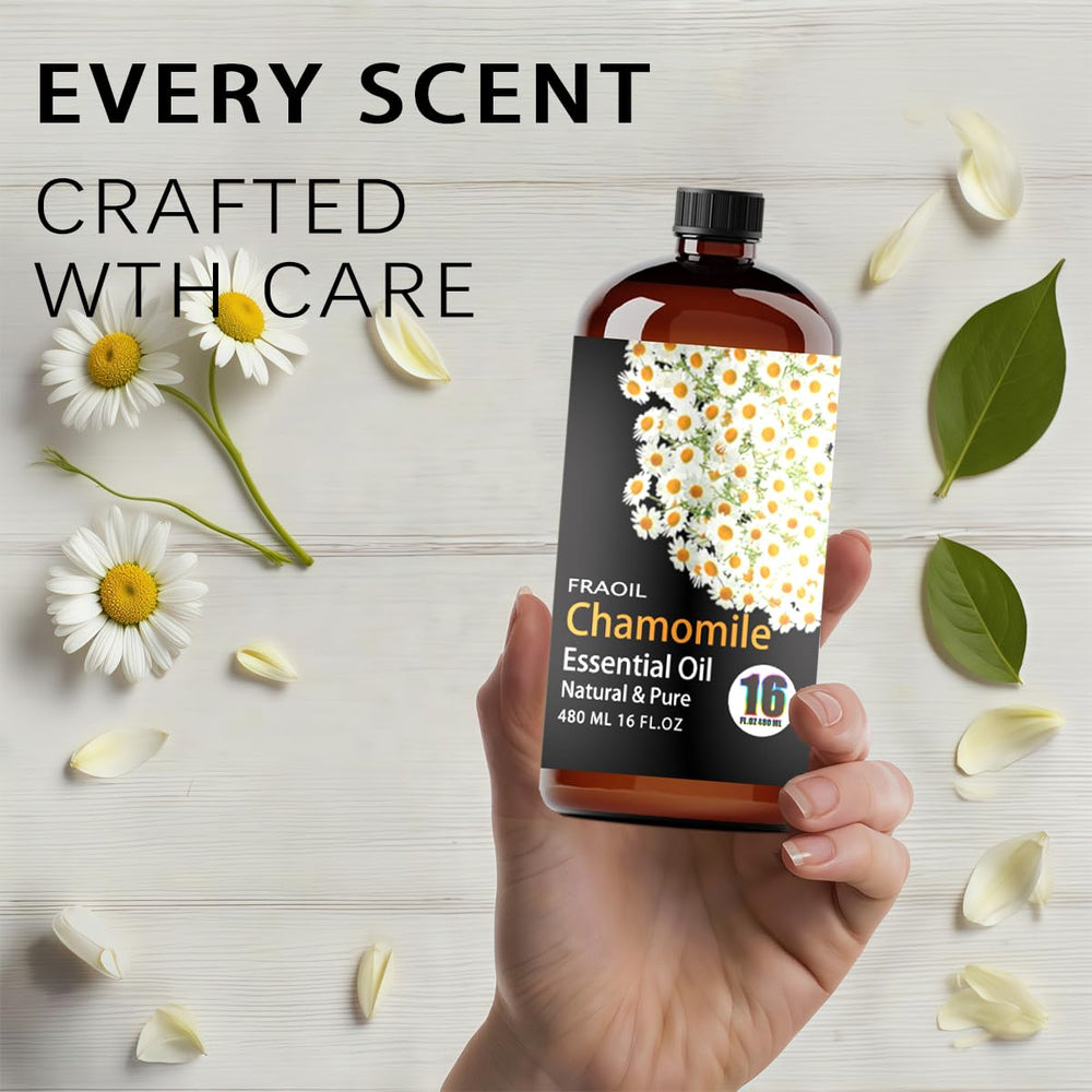 FRAOIL Chamomile oil close-up showcasing soothing scent for home spa.