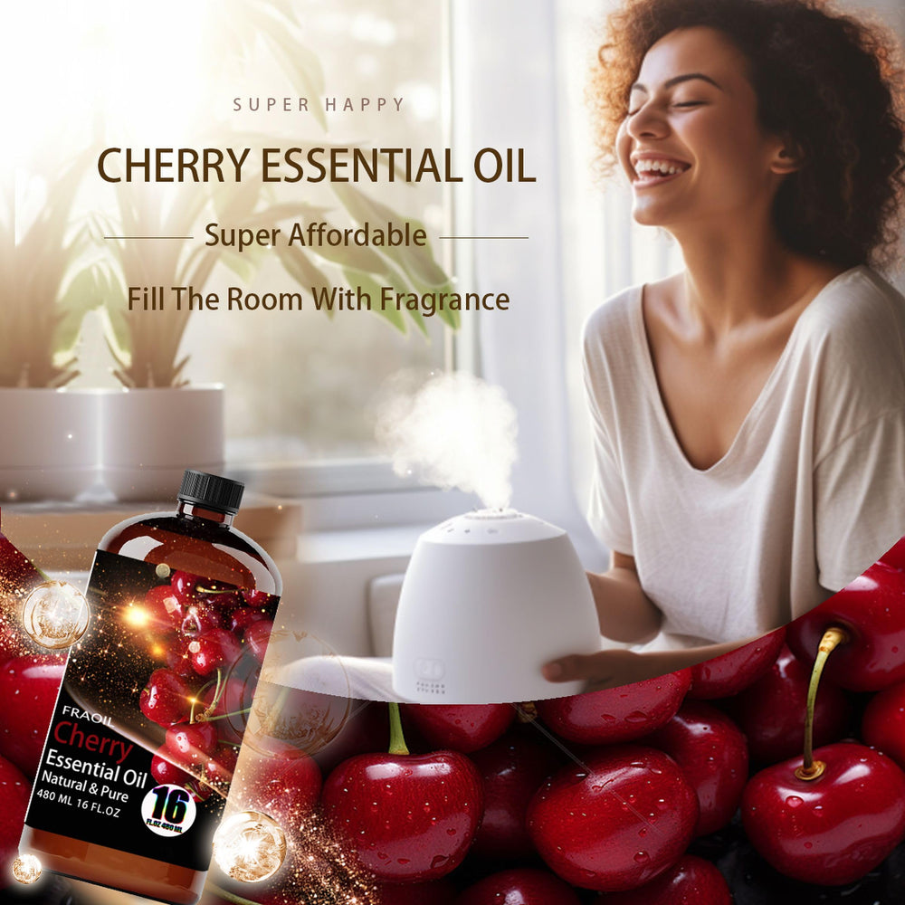 FRAOIL Cherry Essential Oil used in a diffuser setup for a fresh ambiance.