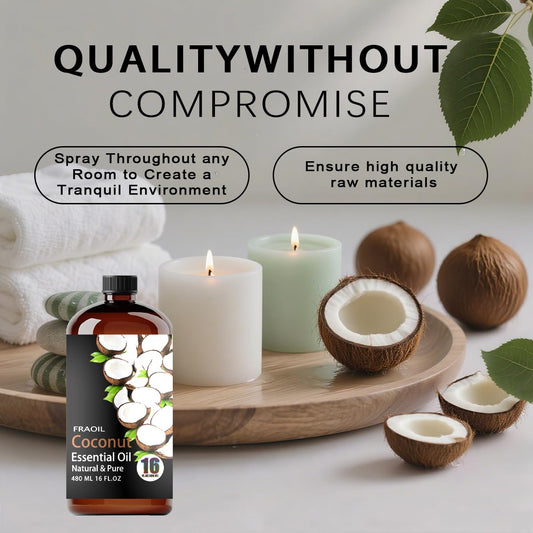 FraOil Coconut Essential Oil in amber glass bottle protects aroma and light exposure.