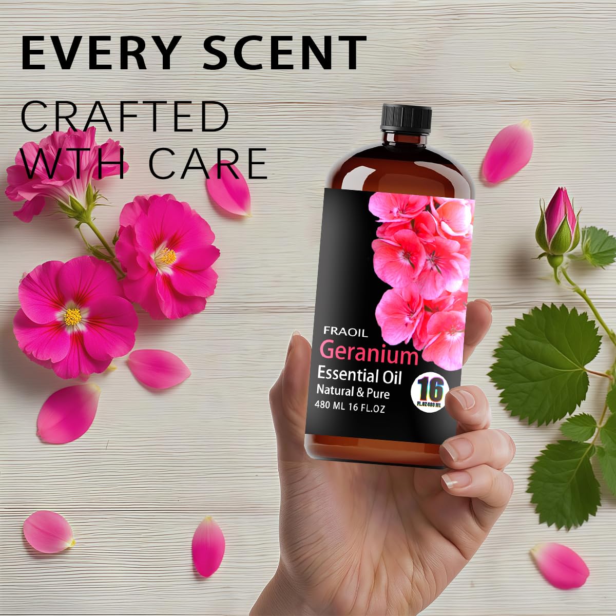 FRAOIL Geranium essential oil bottle with dropper cap for controlled pours.