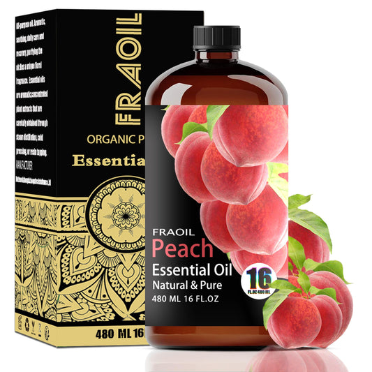 FRAOIL Peach essential oil bottle in amber glass, 16 oz, ideal for diffuse aromatherapy and storage.