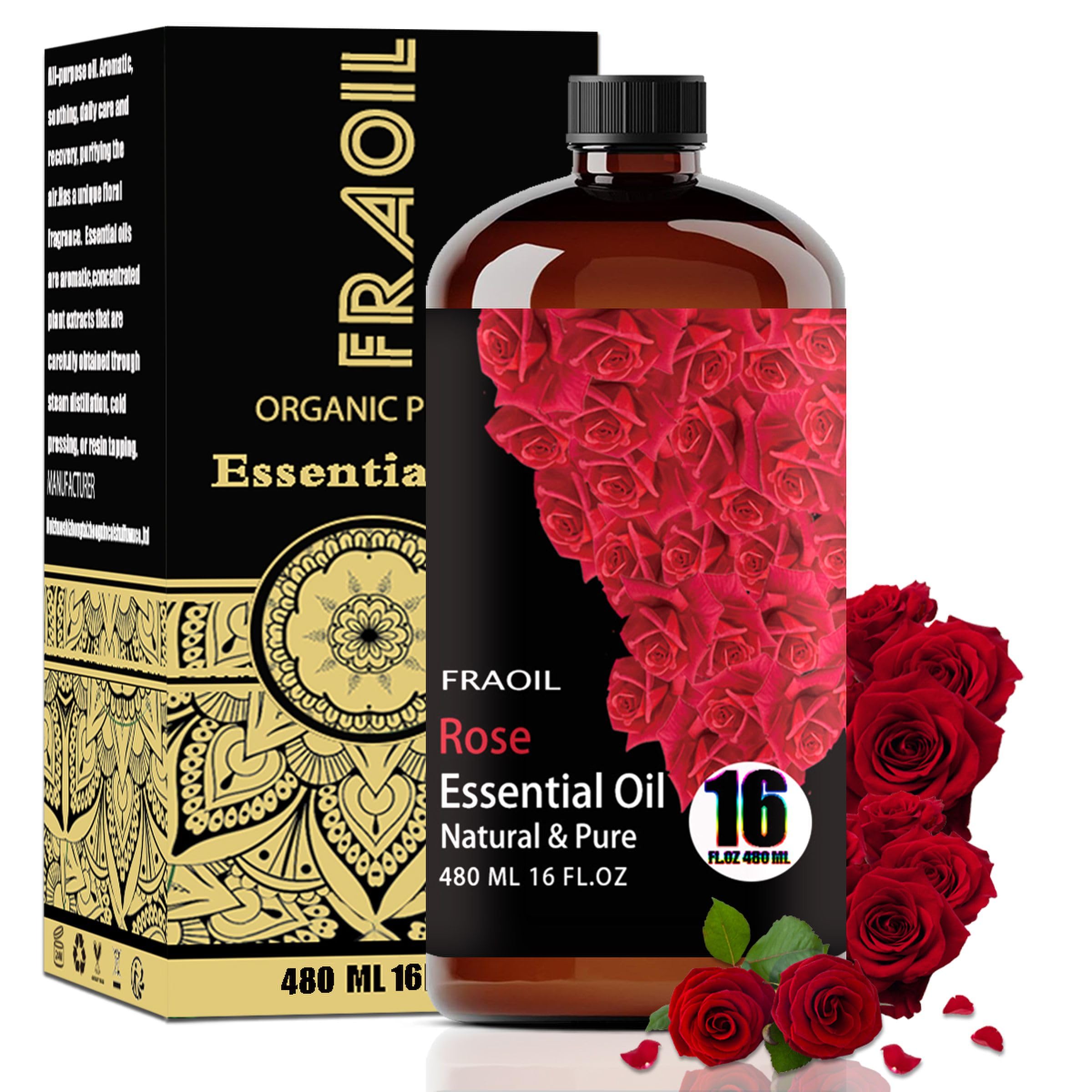 FRAOIL Rose Essential Oil bottle 16 oz in amber glass preserves aroma and freshness