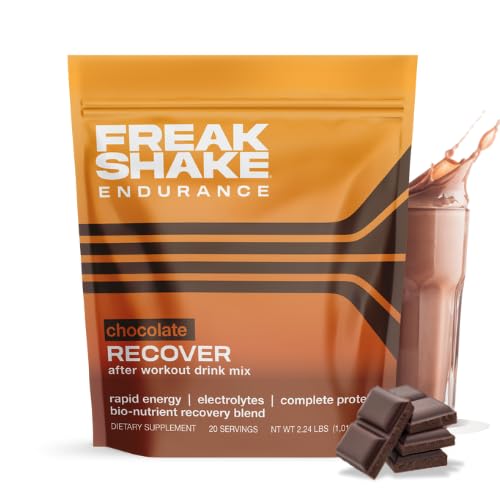 Freak Shake Recover chocolate label highlights a high-carb to protein blend for recovery.