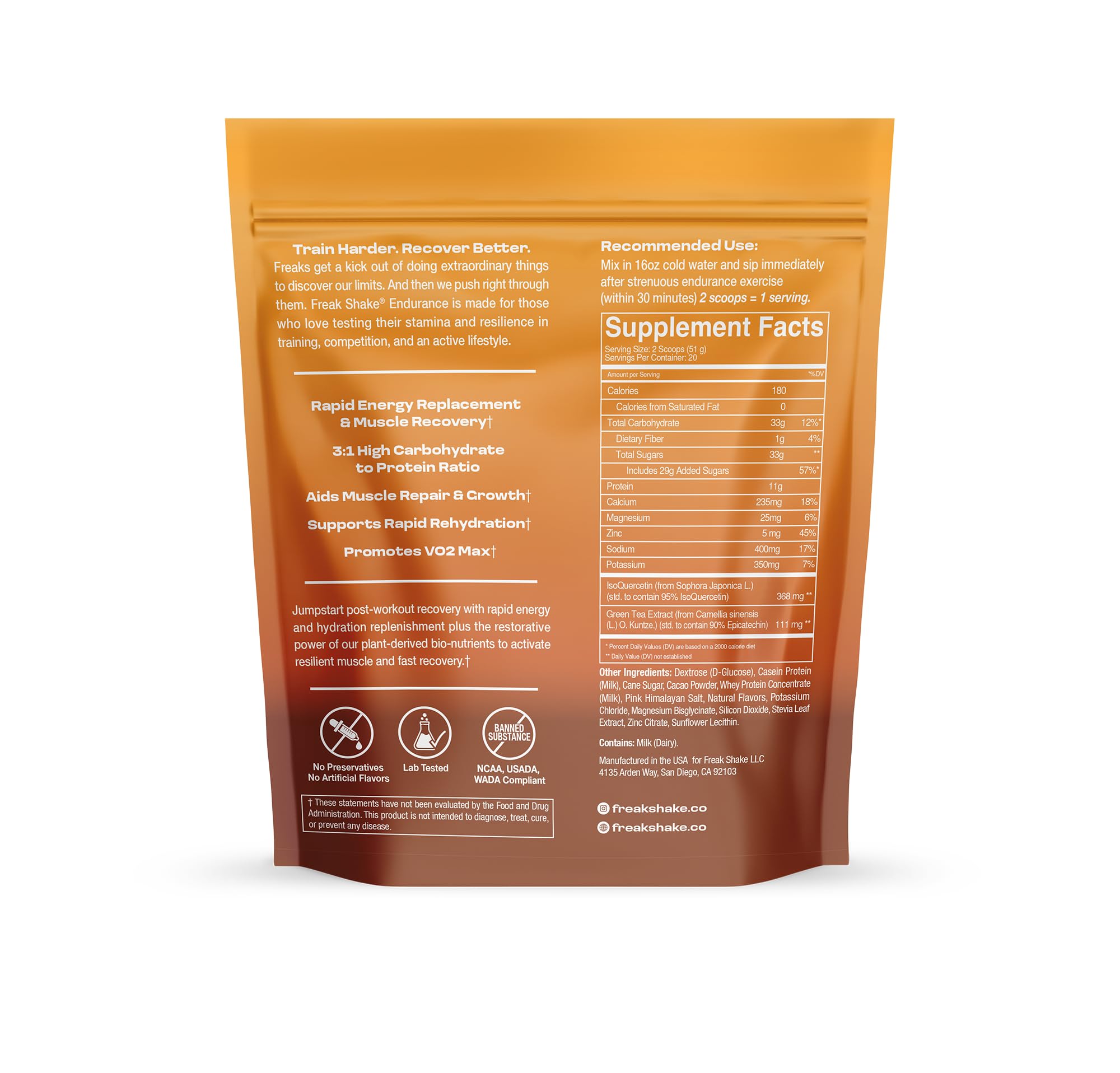 Freak Shake Recover chocolate packaging communicates caffeine-free, compliant post-workout option.