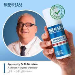 Free-Ease Magic Relief Roller made in USA highlights natural ingredients and quality.