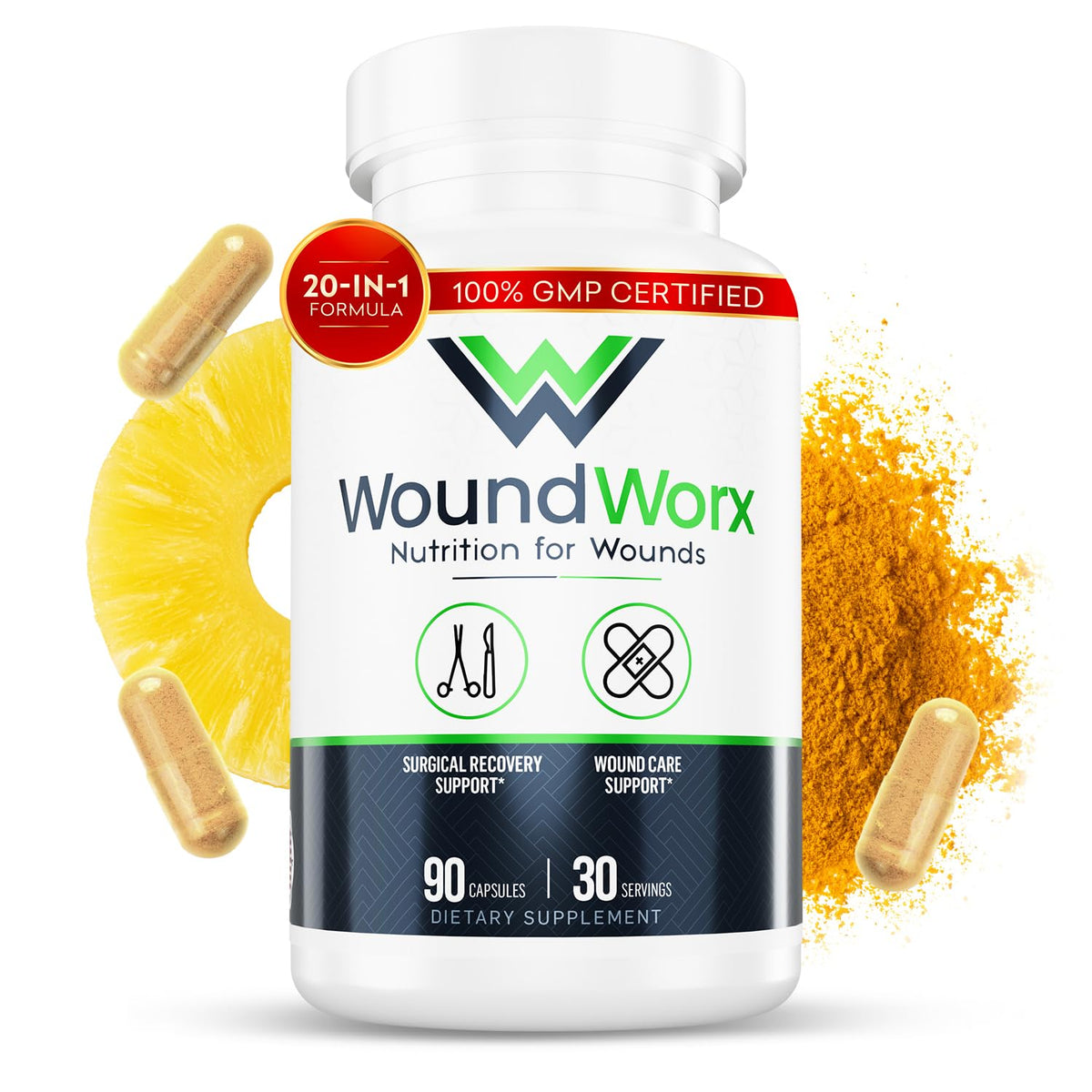 Free Life Labs WoundWorx bottle shown for convenient postoperative support.