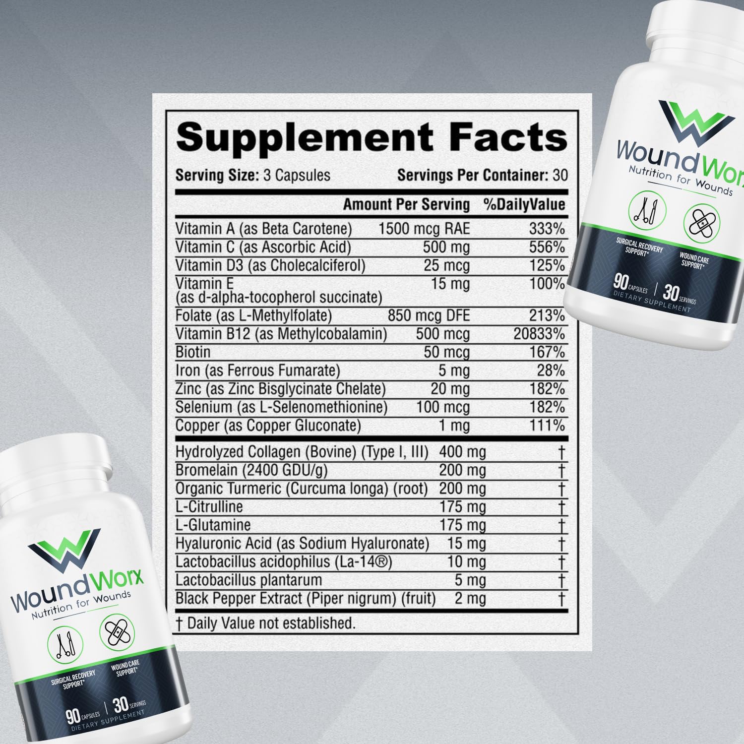 Free Life Labs WoundWorx label closeup highlighting GMP-quality ingredients.