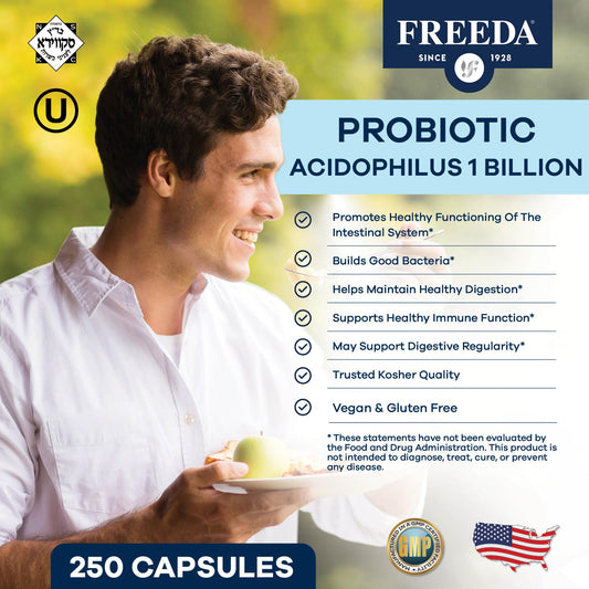 Close-up of FREEDA probiotic capsules highlighting 1B CFU for digestion