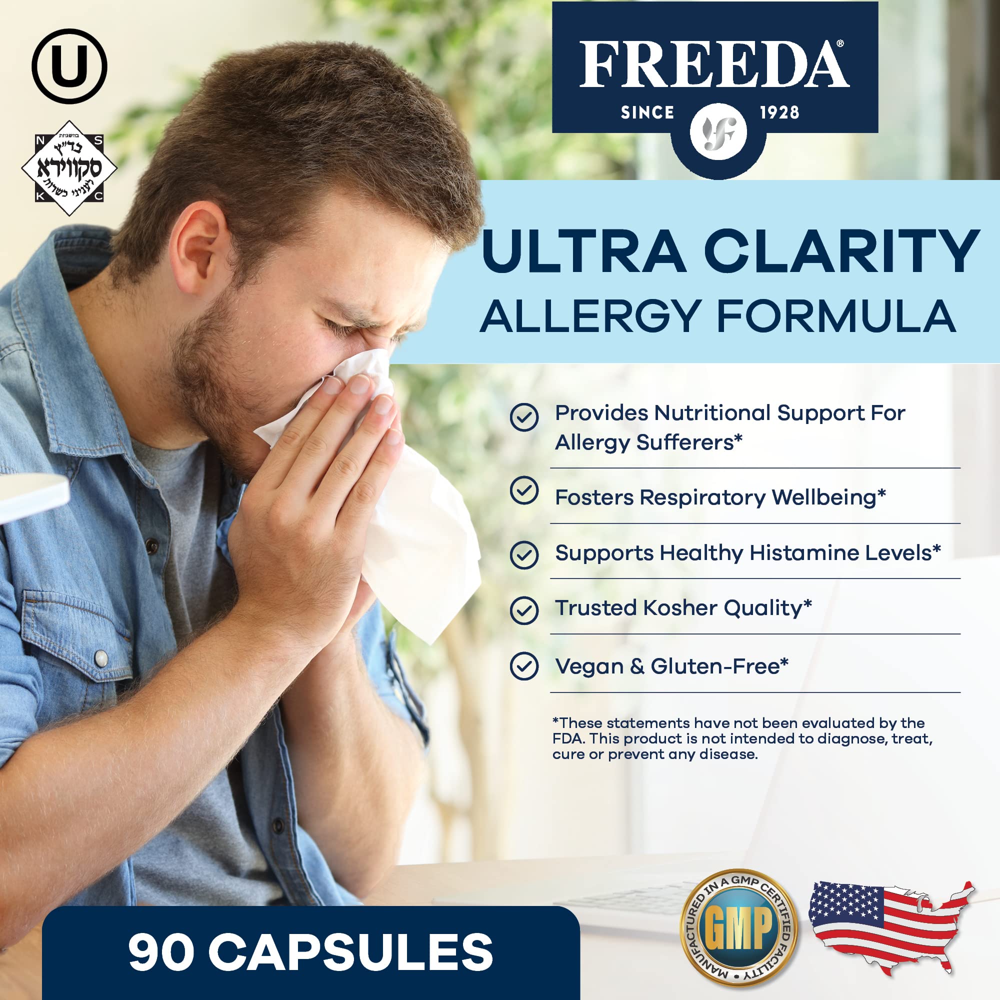 FREEDA Allergy Formula bottle dosing shows easy capsule intake for daily relief