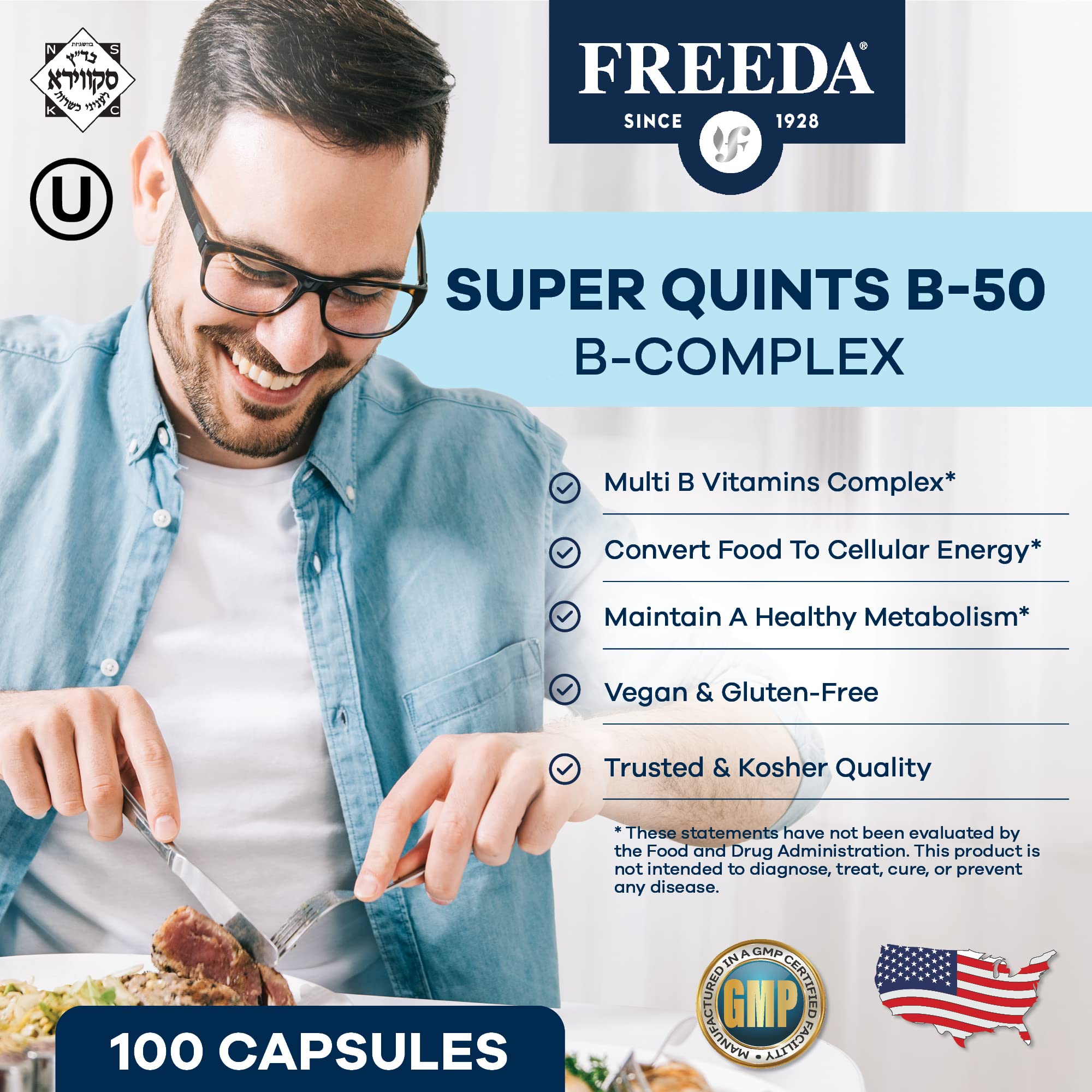 FREEDA B-Complex Capsules bottle label close-up showing vegan formula