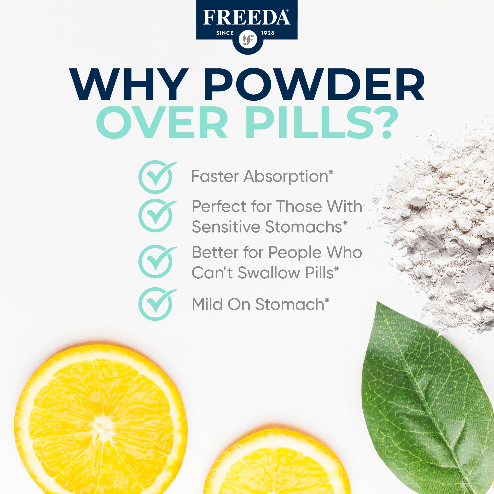 FREEDA Buffered Vitamin C Powder measuring spoon for convenient serving