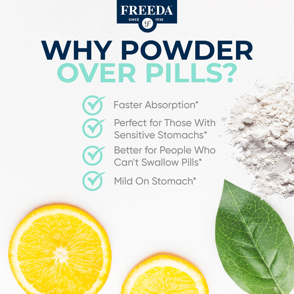 FREEDA Buffered Vitamin C Powder measuring spoon for convenient serving