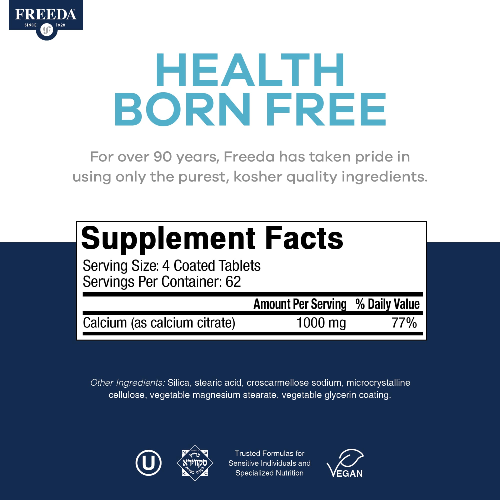 Freeda Calcium Citrate USA-made GMP facility label and quality testing