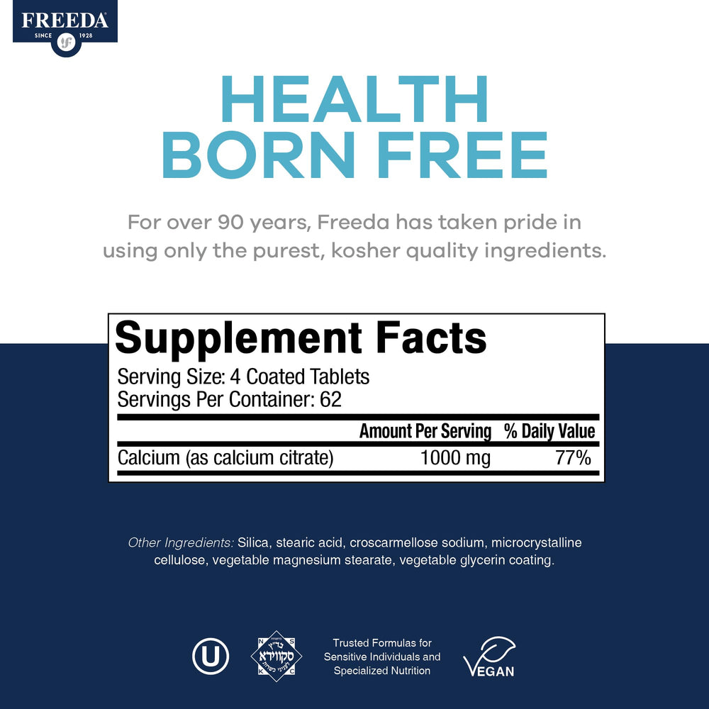 Freeda Calcium Citrate USA-made GMP facility label and quality testing
