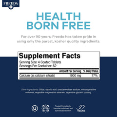 Freeda Calcium Citrate USA-made GMP facility label and quality testing