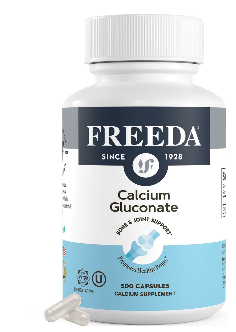 Freeda Calcium Gluconate bottle and label highlighting easy to digest calcium for bones