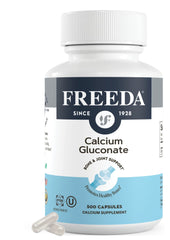 Freeda Calcium Gluconate bottle and label highlighting easy to digest calcium for bones