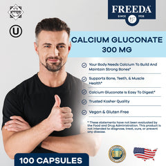 Freeda Calcium Gluconate capsules close-up emphasizing vegan, kosher calcium absorption