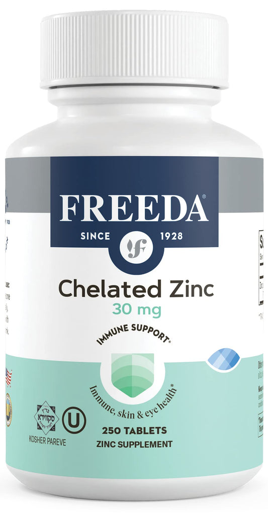 FREEDA Chelated Zinc 30mg bottle pouring for easy daily support