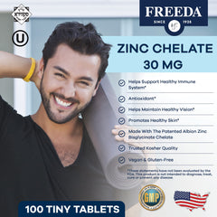 FREEDA Chelated Zinc 30mg capsule close-up, tiny tablets for gentle intake