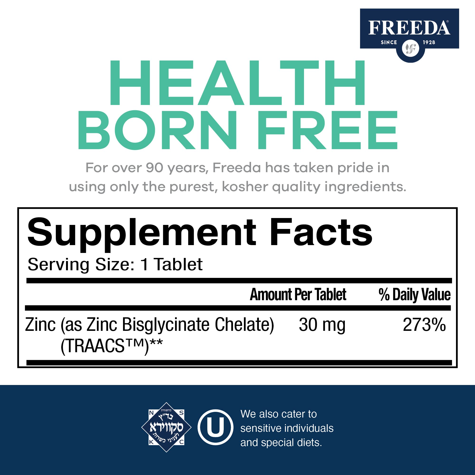 FREEDA tiny tablets on label, emphasizing absorbable zinc bisglycinate