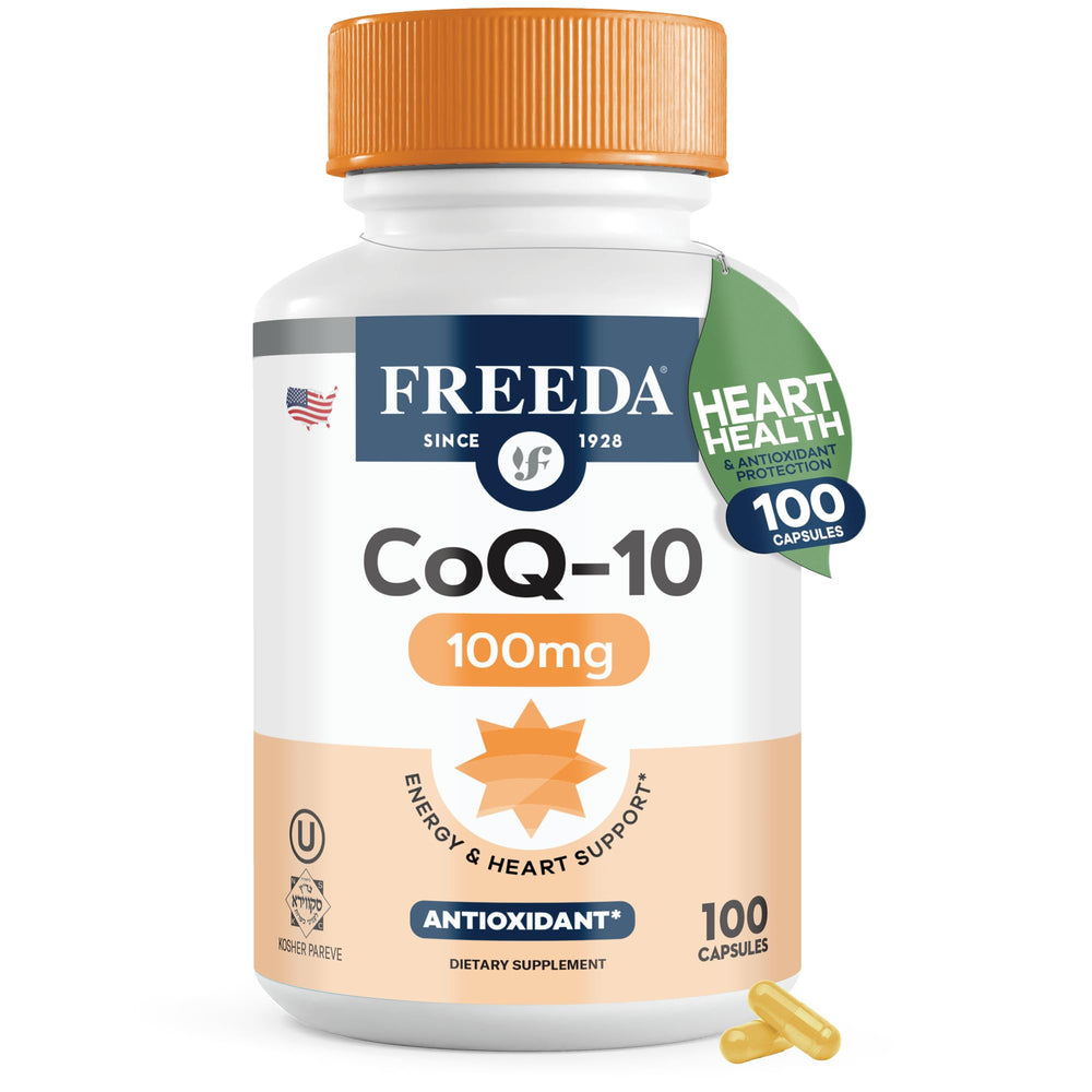Freeda CoQ10 100mg bottle for daily heart health and antioxidant routine.