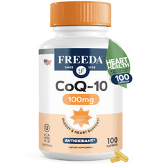 Freeda CoQ10 100mg bottle for daily heart health and antioxidant routine.