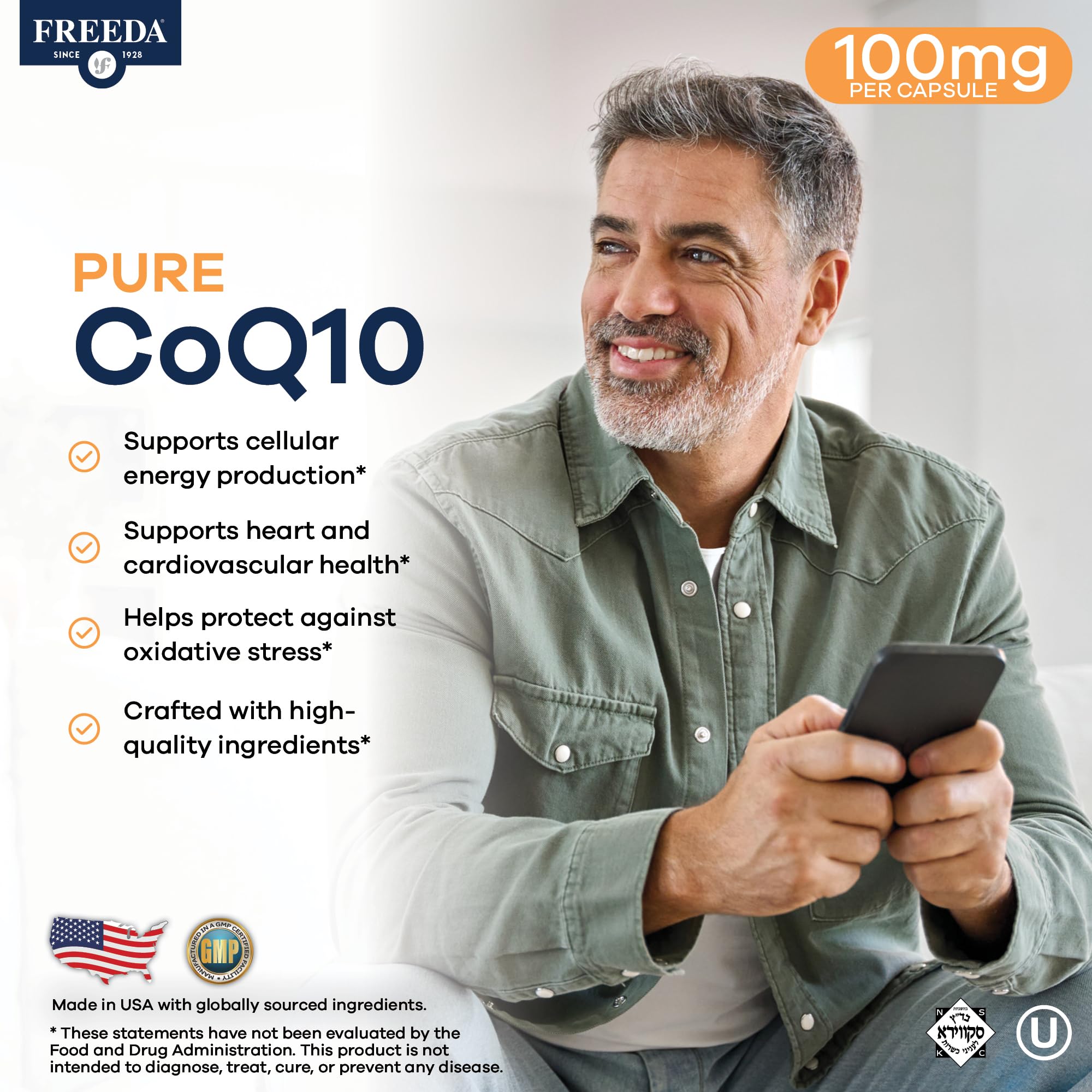Close-up of Freeda CoQ10 100mg capsules, vegan and kosher-friendly.