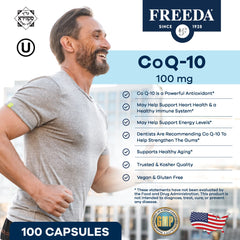 Gluten-free Freeda CoQ10 100mg label highlighting allergen-friendly features.