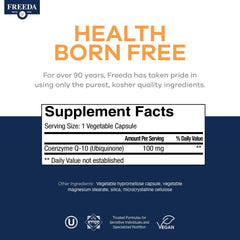 Infographic-style image illustrating Freeda CoQ10 100mg heart health potential.