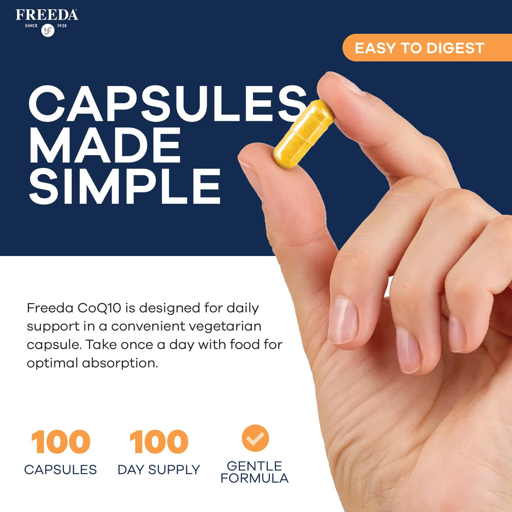 Freeda CoQ10 100mg bottle label with kosher certification.