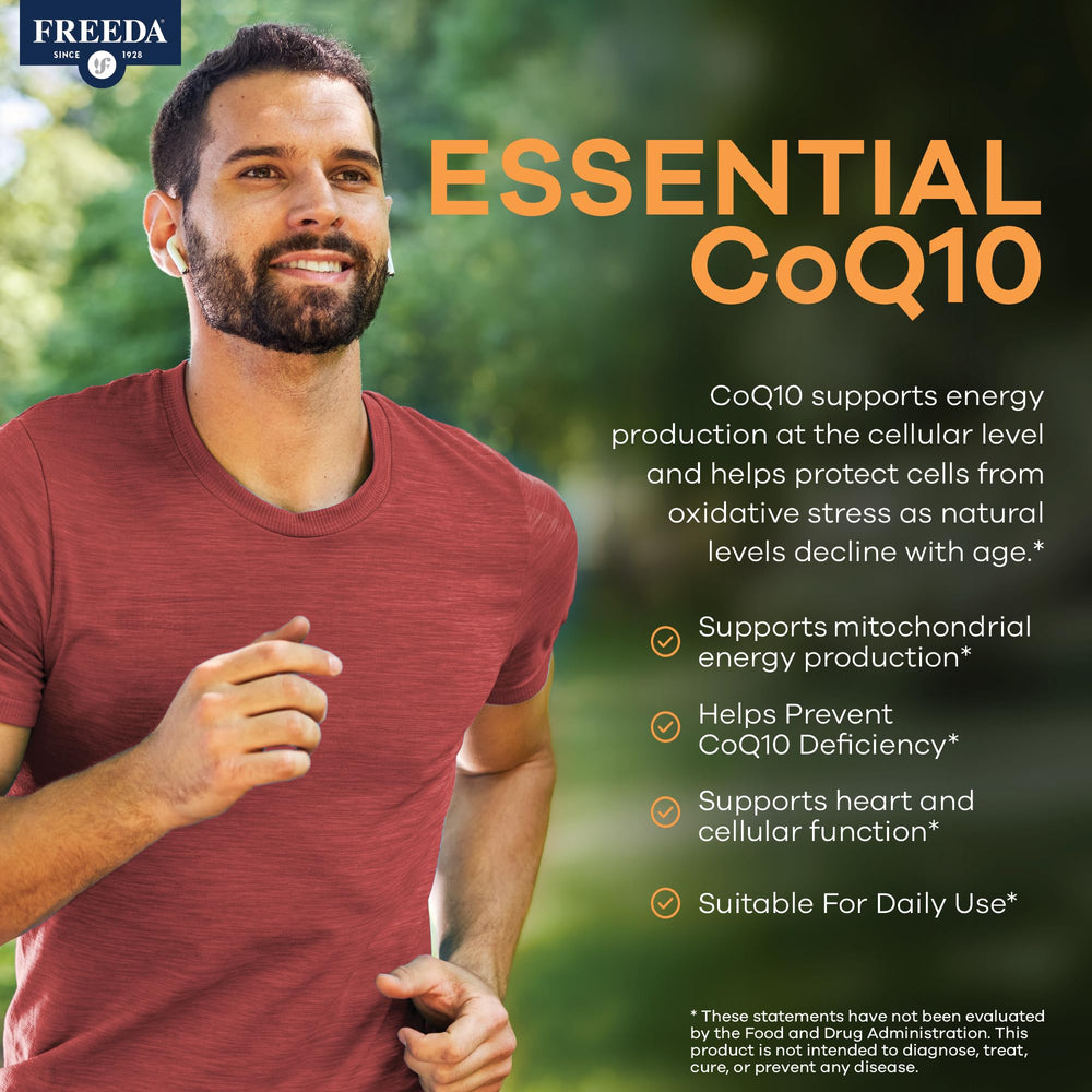USA-made Freeda CoQ10 100mg packaging and quality cues.