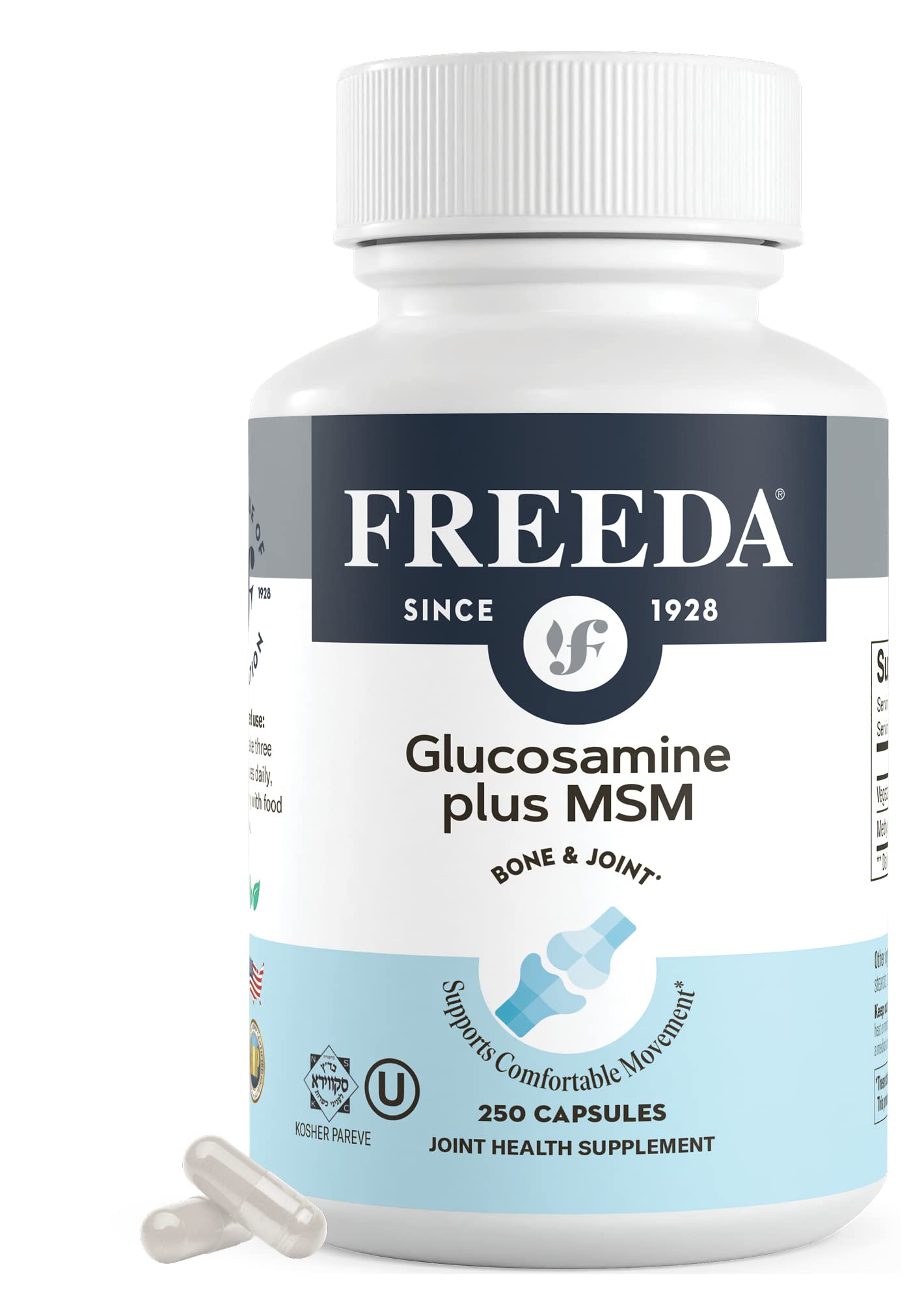 FREEDA Glucosamine MSM bottle label shows vegan, shellfish-free formula for joints